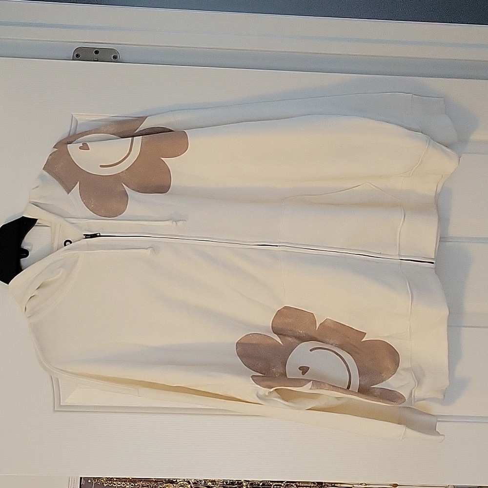 SO Cream Zip-Up Hoodie with Tan Smiley Flower Graphics
